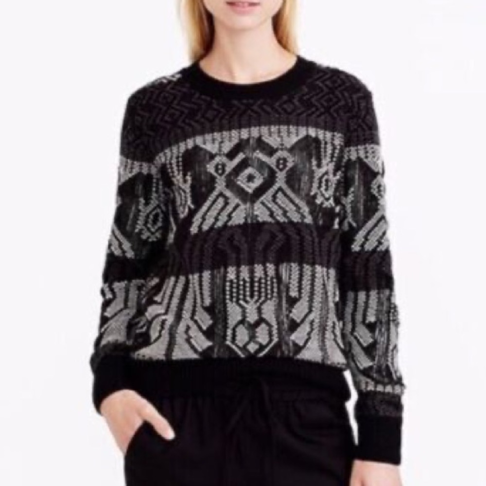 J Crew mixed stitch blanket black white and grey novelty sweater size S